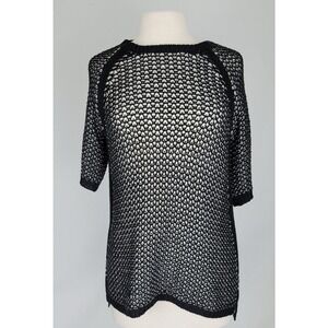 Calvin Klein Black White Knit Mesh Sweater Top‎ 3/4 Sleeve Boat Neck Size Medium